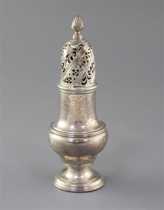 A George II silver caster by Samuel Wood, engraved with the Heneage family crest, 9.5 oz.